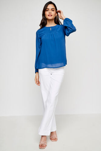 Blue Solid Round Neck Top, Blue, image 2