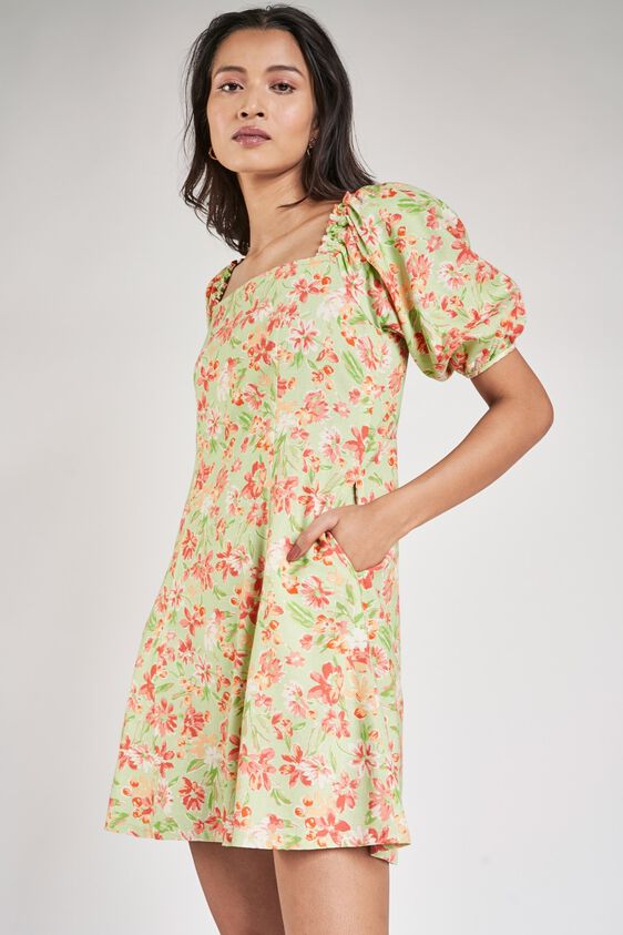 1 - Lime Floral Printed A-Line Dress, image 1