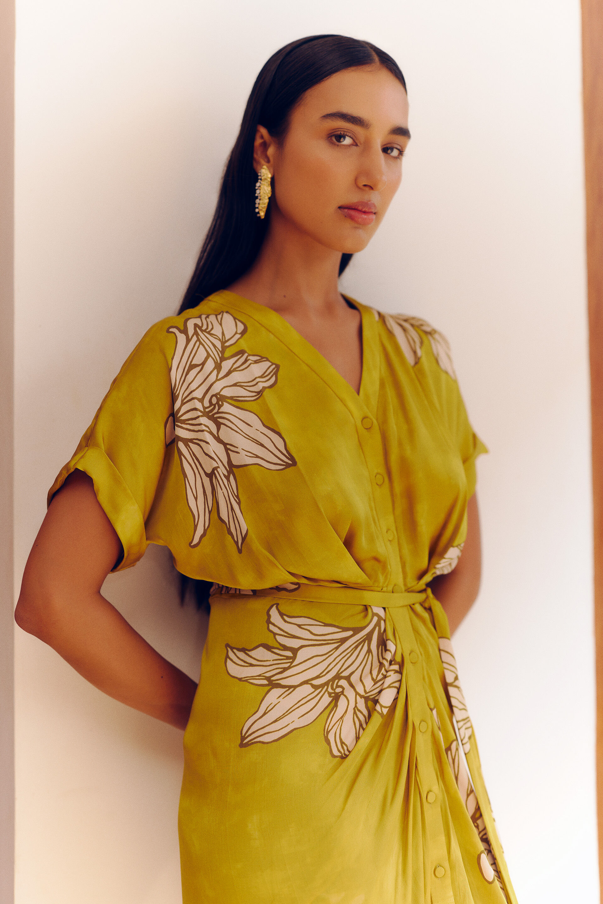 Floribunda Drape Dress, Mustard, image 3