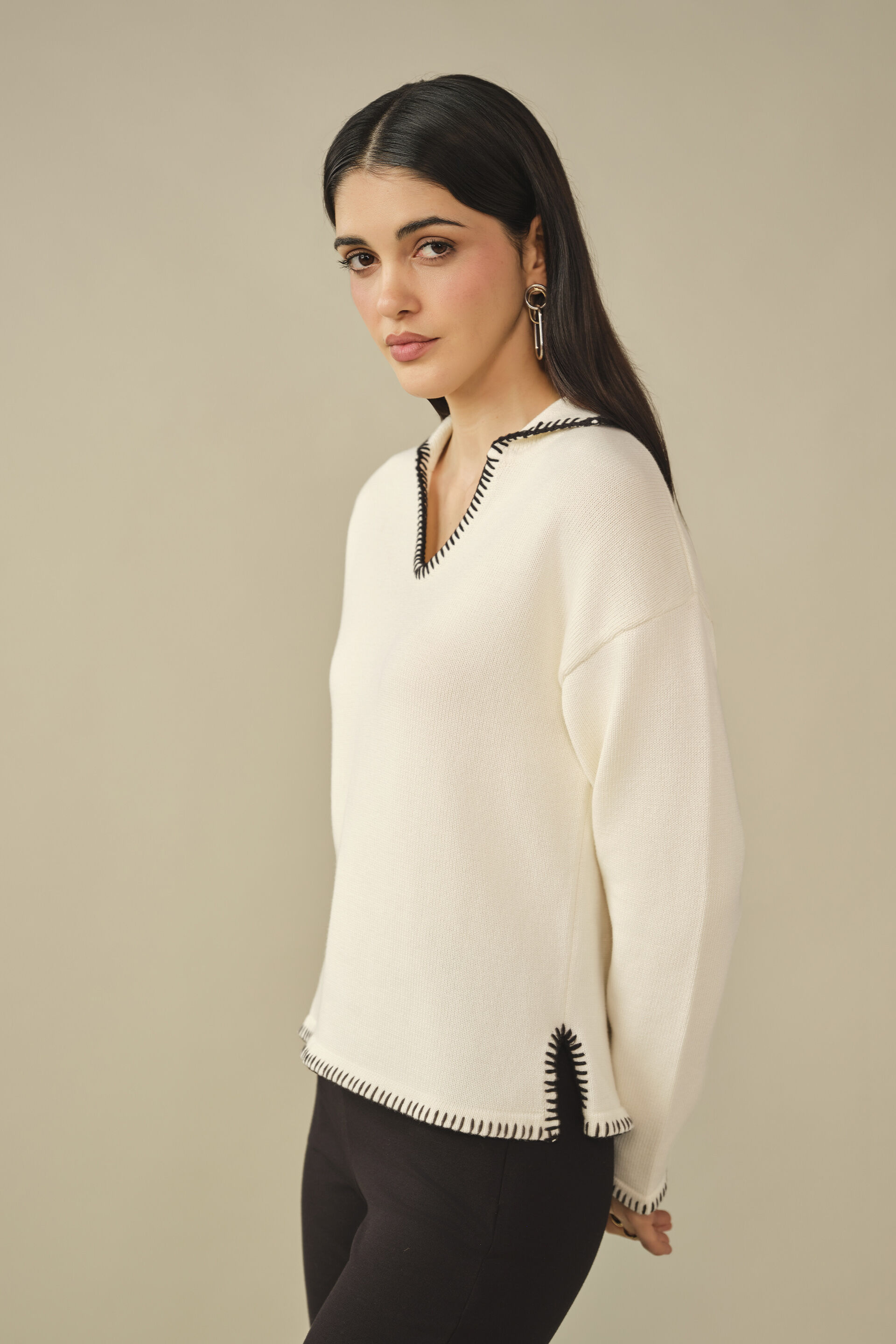 Solid Cotton Pullover in White, White, image 3