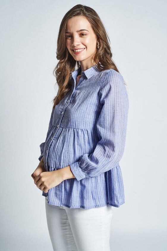 3 - Blue Stripes Shirt Style Maternity Top, image 3