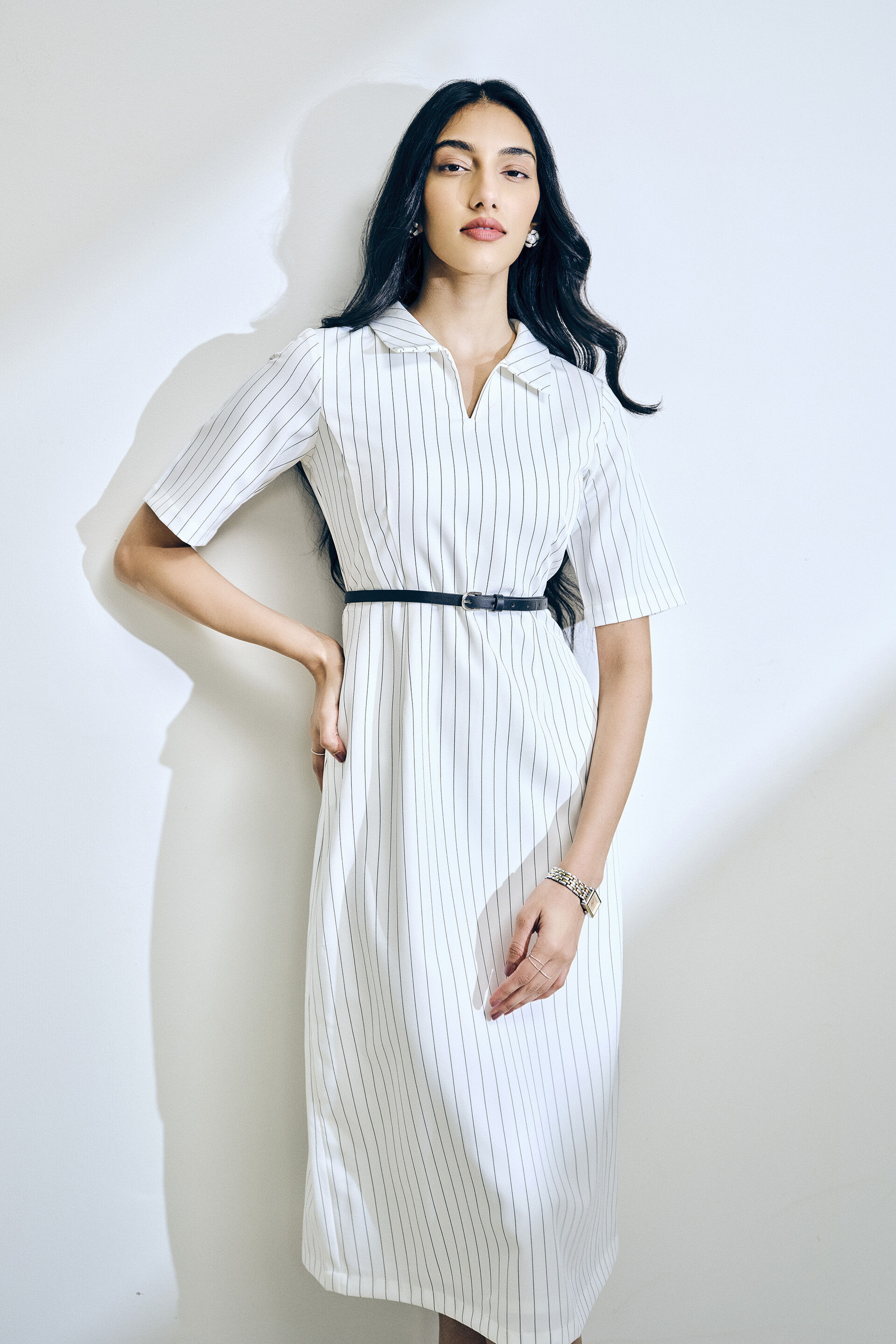 Pinstripe Pattern Dress, White, image 4