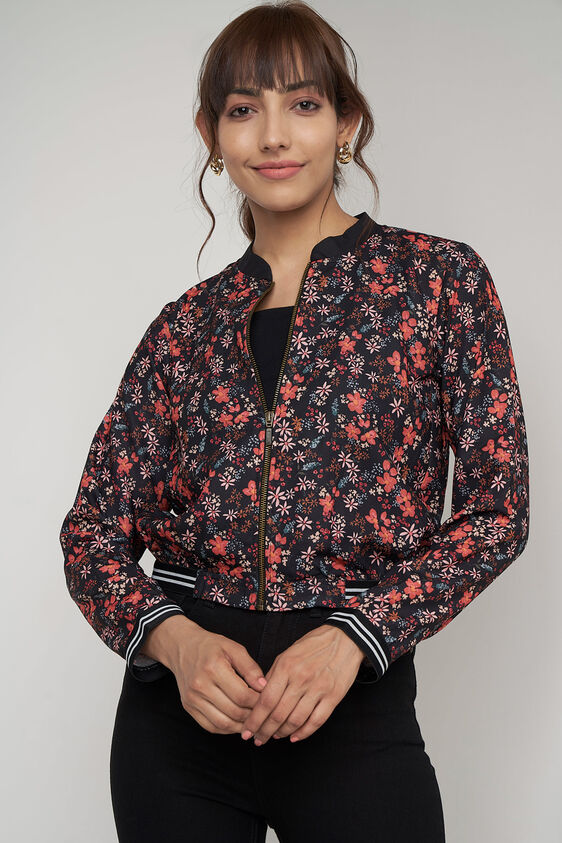 Black Floral Straight Jacket, Black, image 1