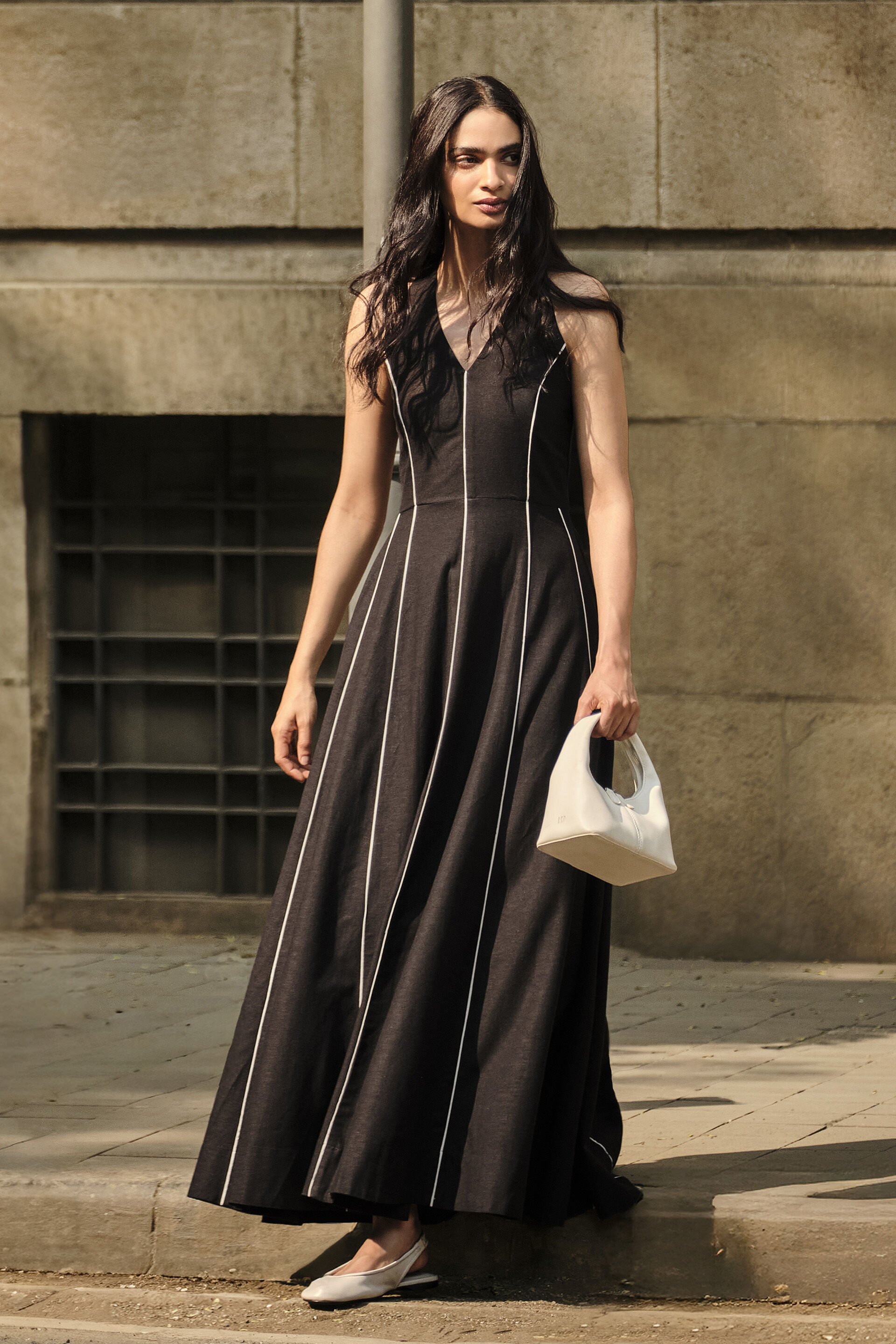 Velia Black Panelled Dress, Black, image 1