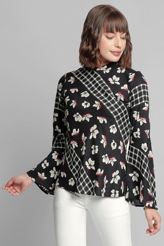 1 - Black Floral Round Neck Straight Flared Top, image 1
