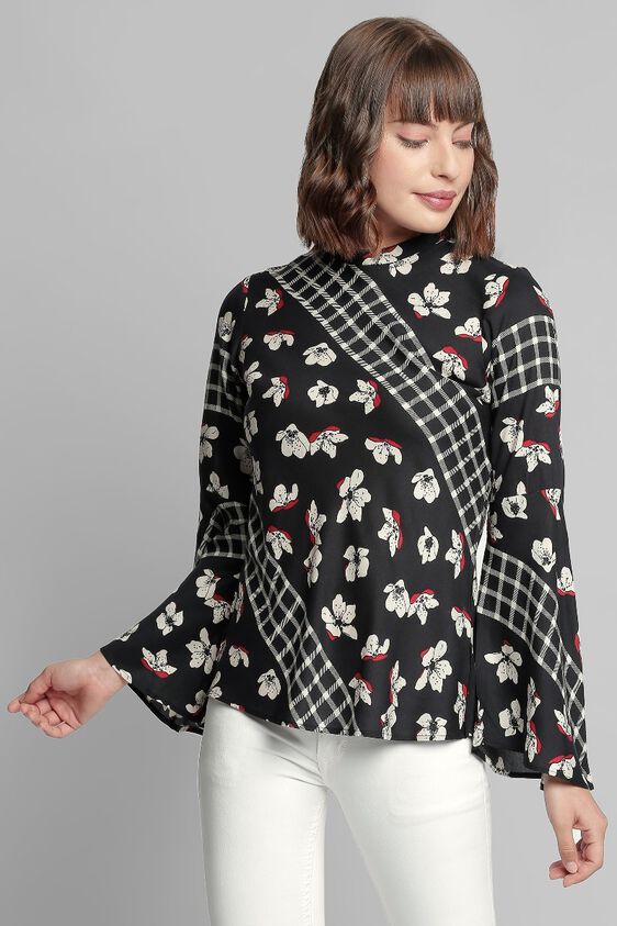 1 - Black Floral Round Neck Straight Flared Top, image 1