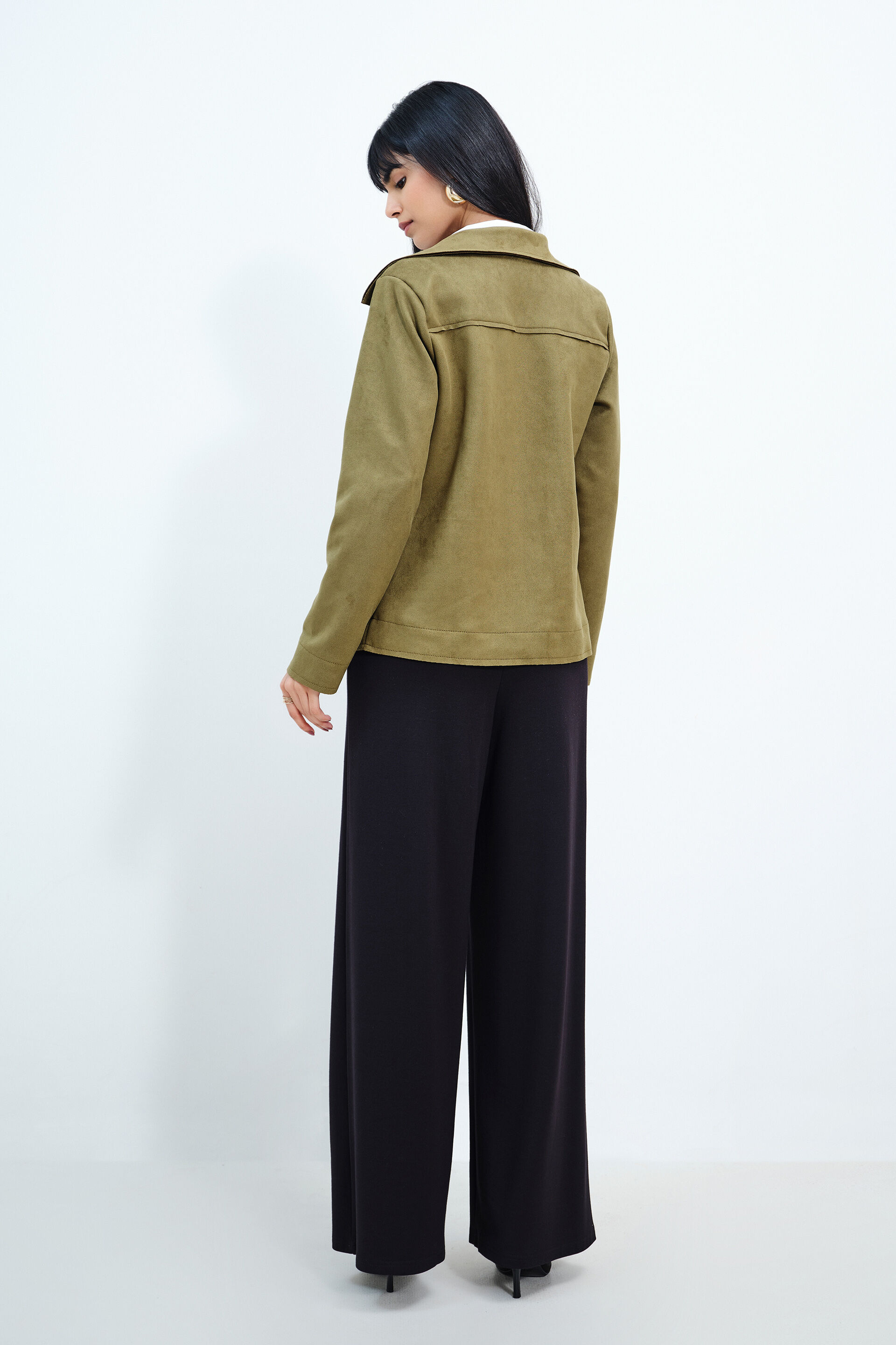 Olive Suede Embroidered Open Jacket, Olive, image 6