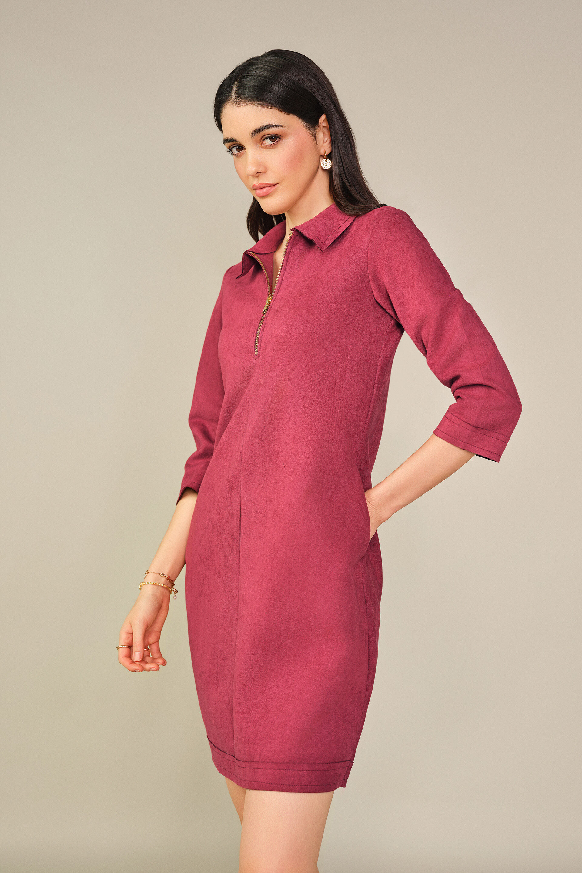 Solid Suede Mini Dress in Wine, Wine, image 3