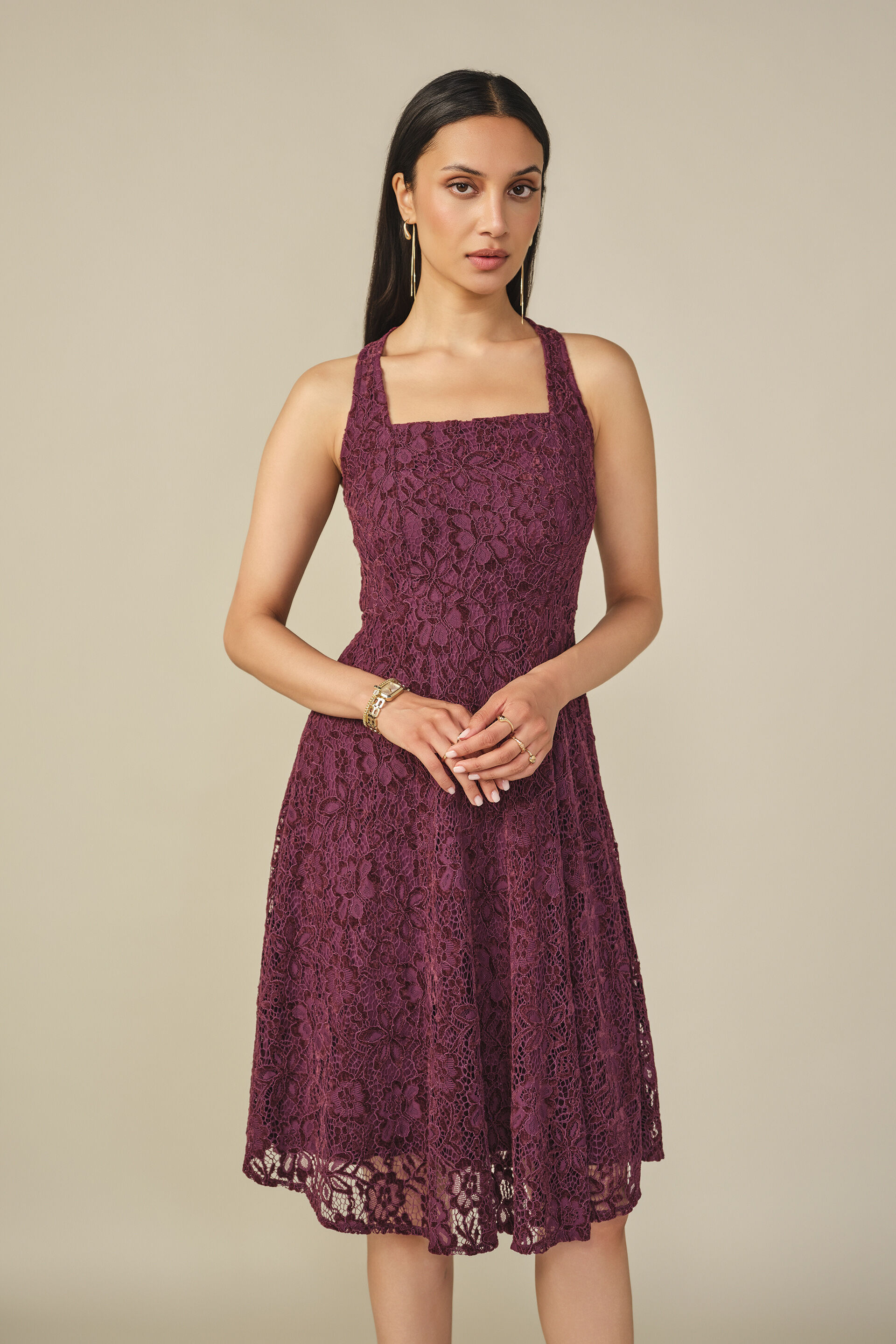 Lace Halter Dress in Wine