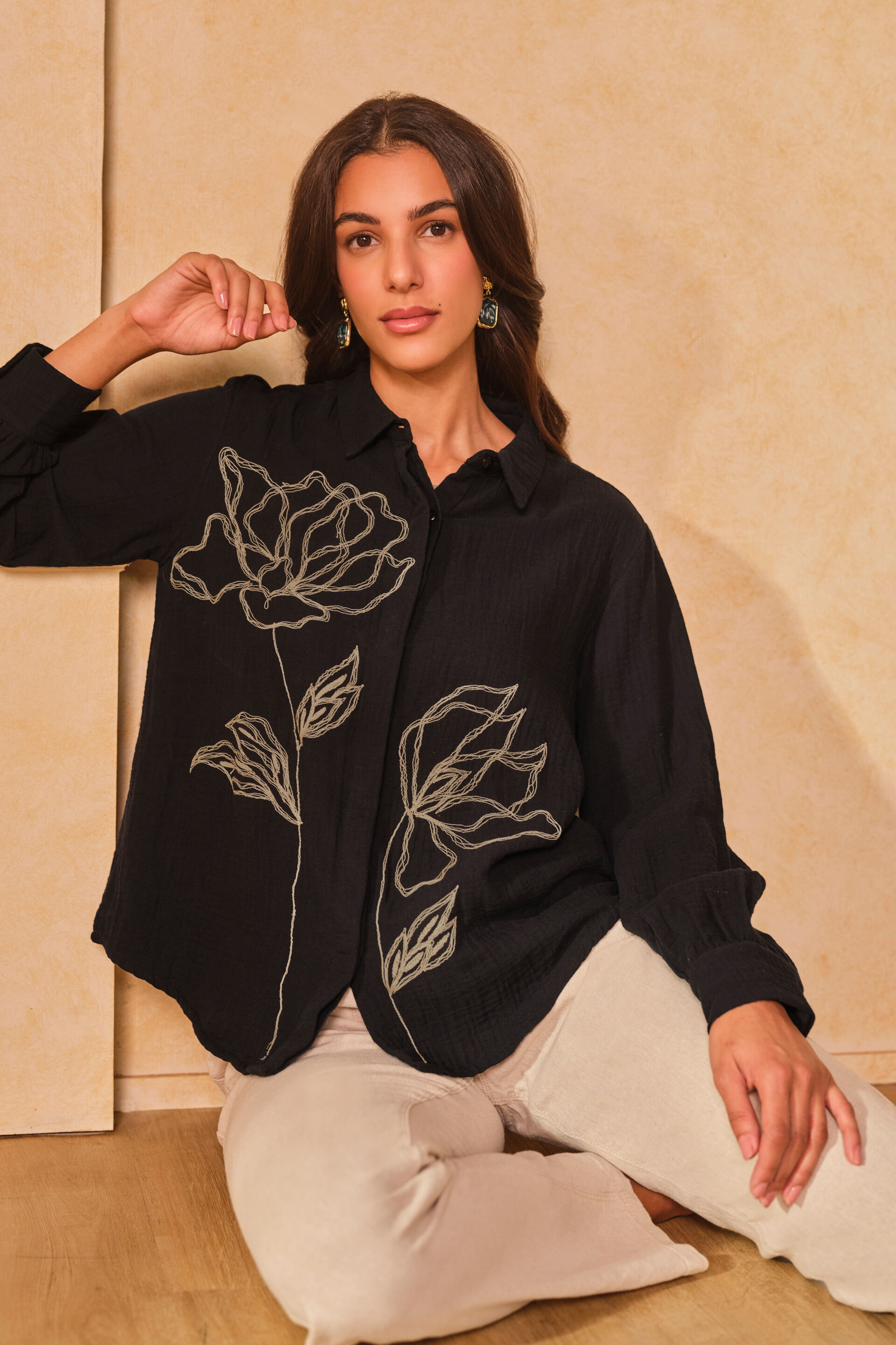 Midnight Garden Cotton Long Shirt, Black, image 4