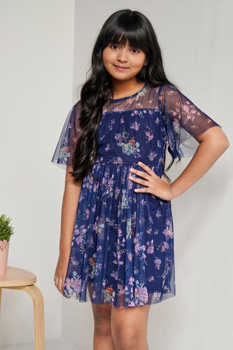 Navy Floral Flared Dress, Navy Blue, image 1