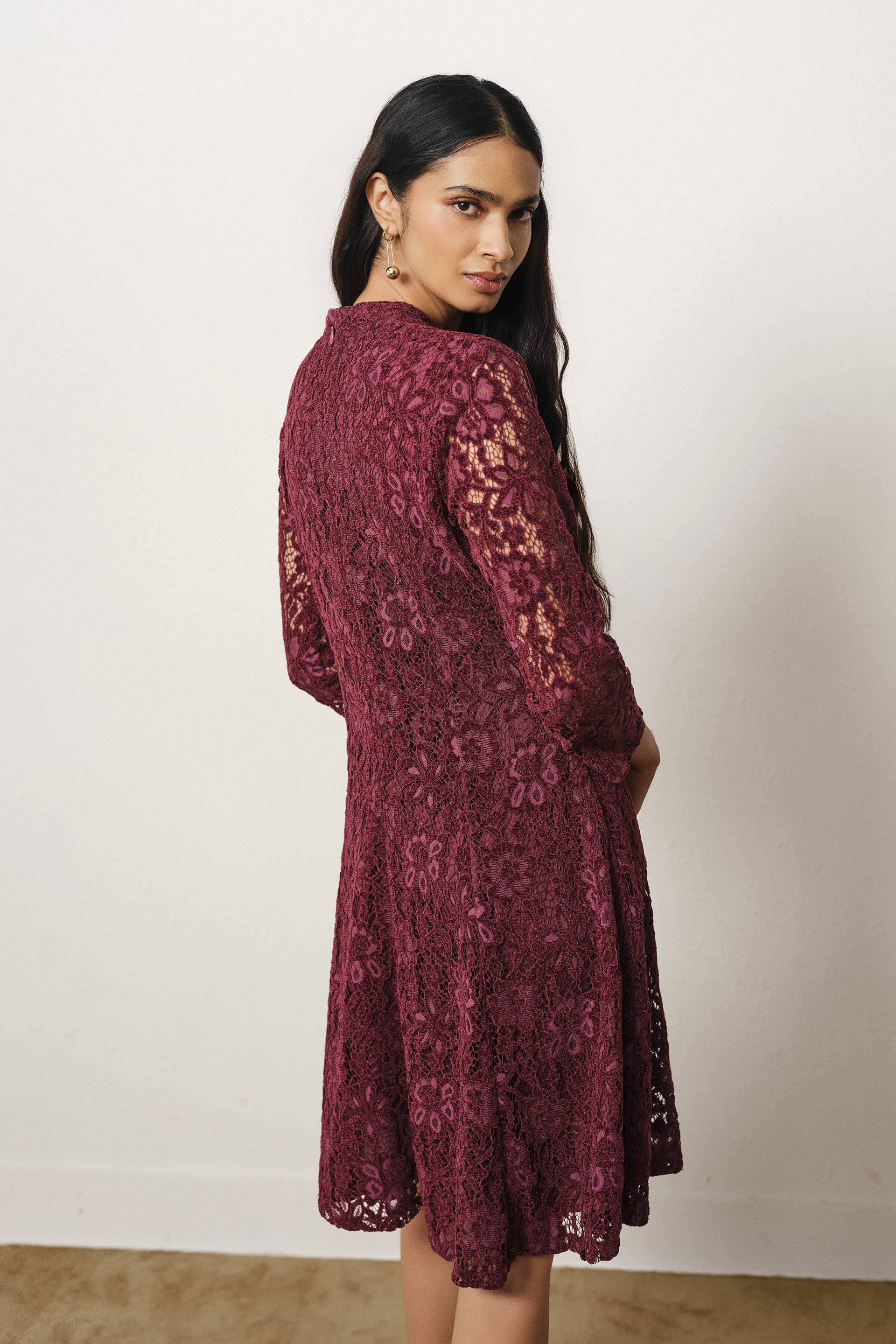 Lace Fit & Flare Dress in Wine, Wine, image 6