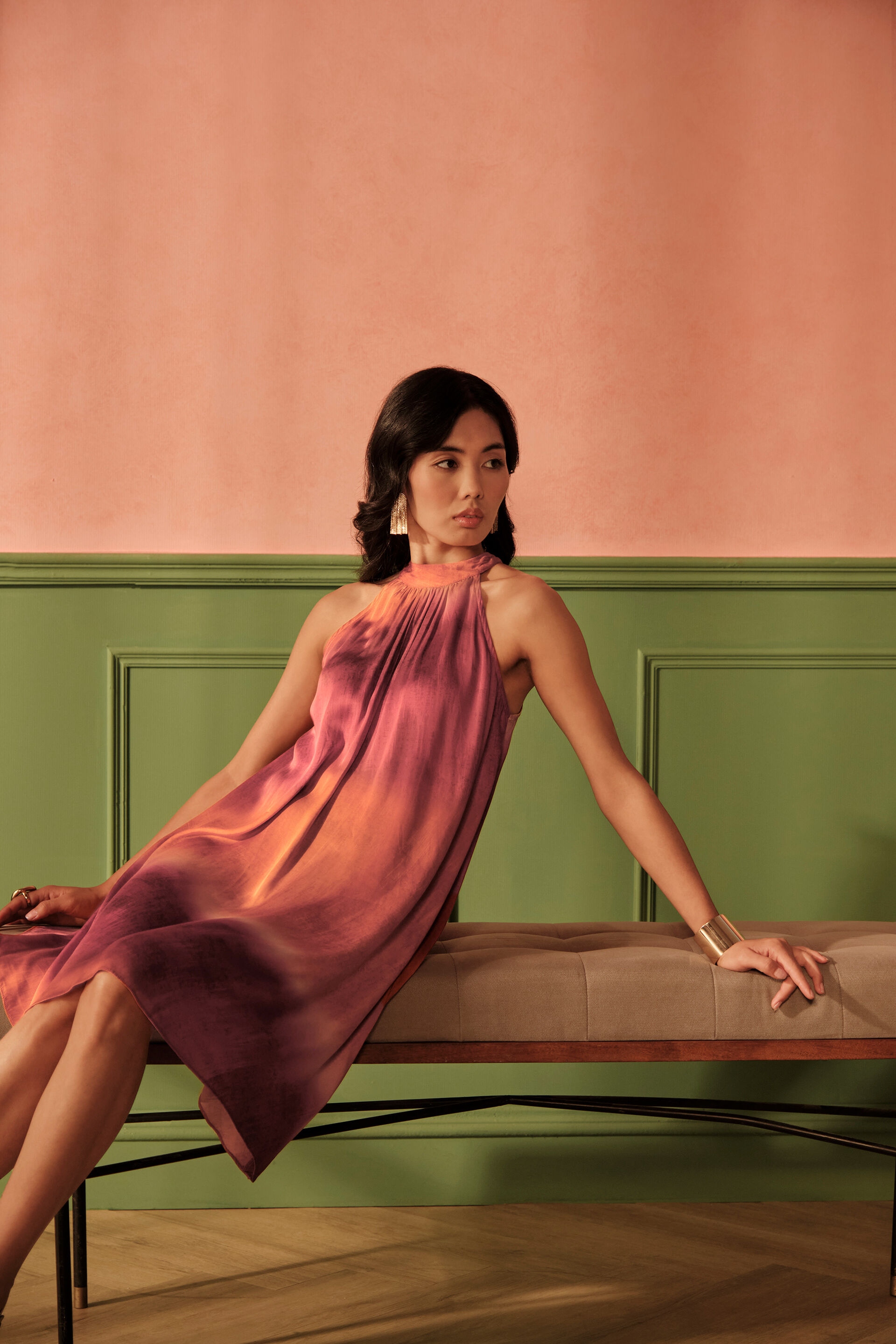 Sunburst Viscose Halter Neck Dress, Orange, image 2