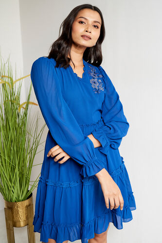Blue Embellished Flared Dress, Blue, image 3