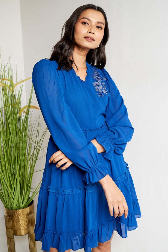 Blue Embellished Flared Dress, Blue, image 3