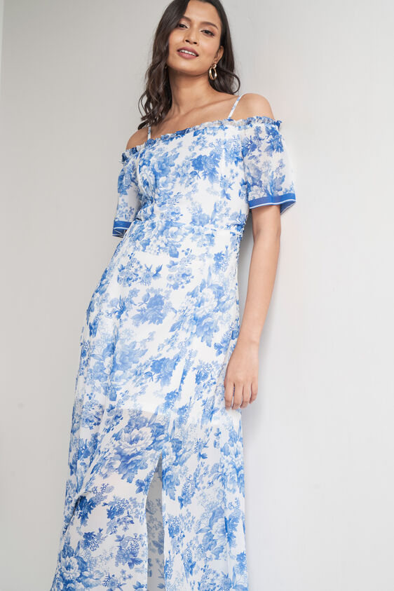 Blue and White Floral Flared Gown, Blue, image 5
