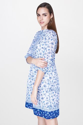 3 - Blue Floral Pleated Band Collar Fit and Flare Dress, image 3