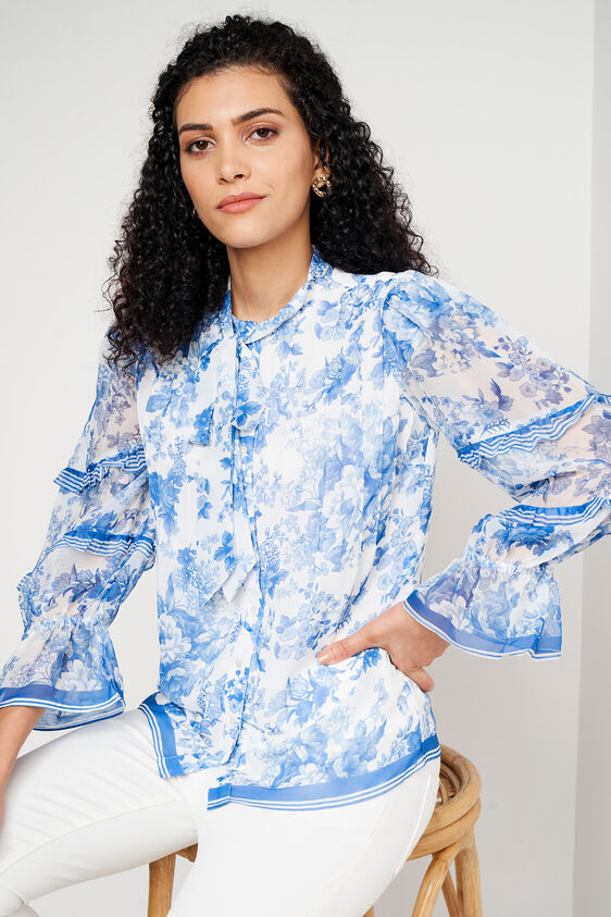 Blue and White Floral Casual Top, Blue, image 2