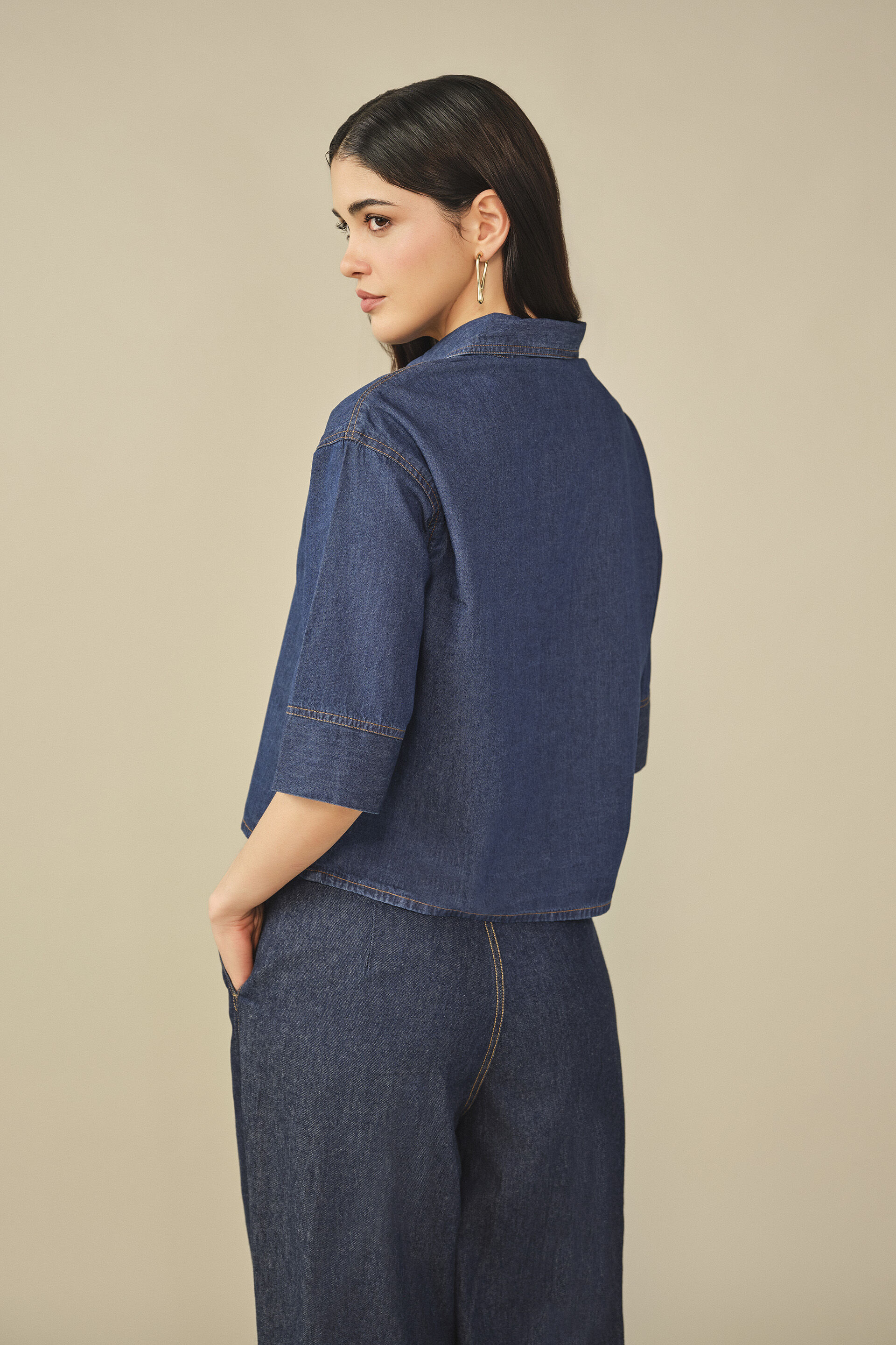 Solid Denim Shirt in Navy Blue, Dark Blue, image 6