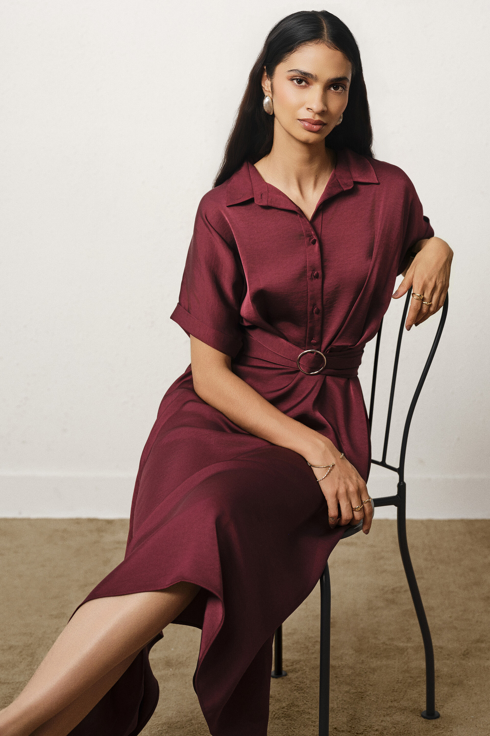 Asymmetric Satin Dress in Wine, Maroon, image 4