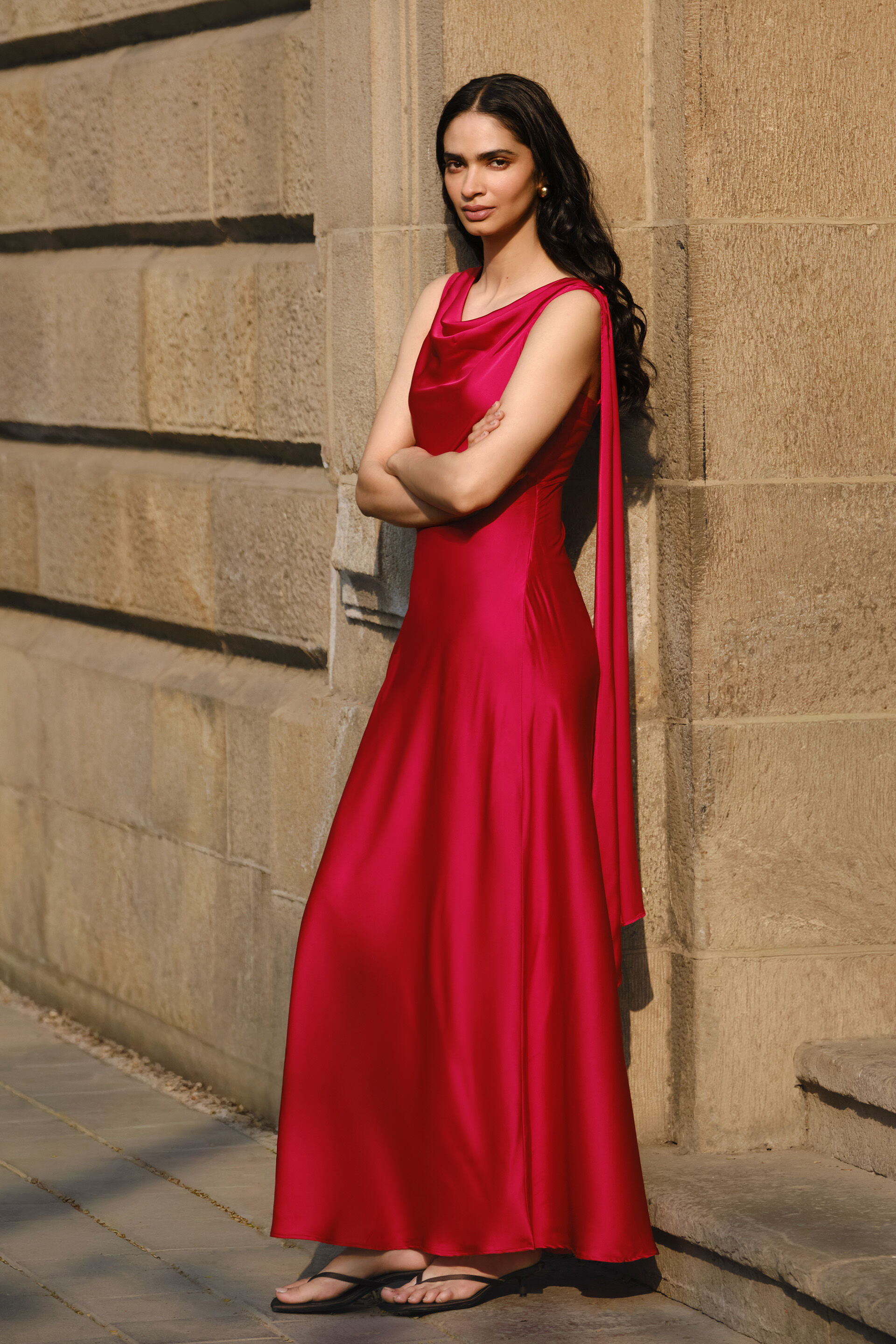 Red Flame Satin Maxi Dress, Maroon, image 2