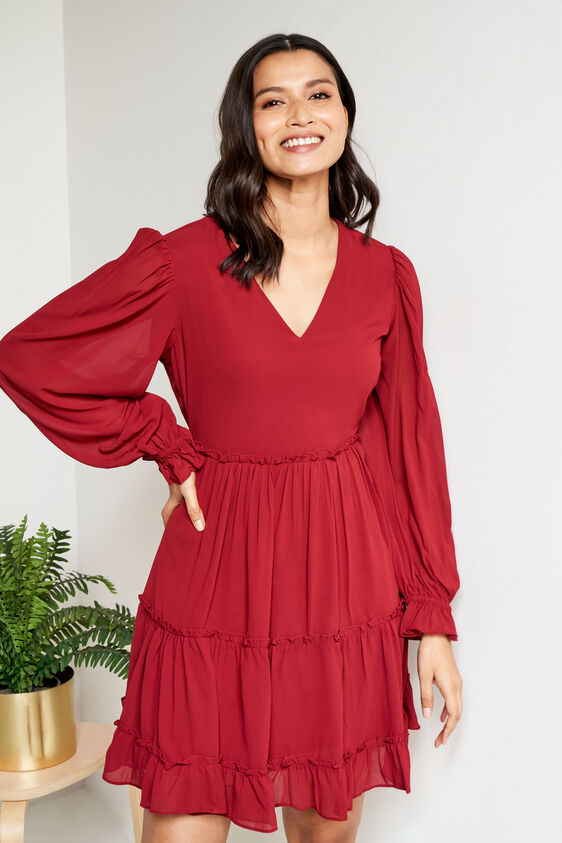 Maroon-Flared Summer Dress, Maroon, image 3