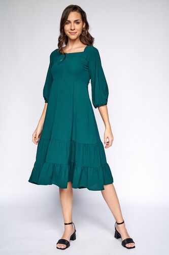 2 - Green Solid Gathered Dress, image 2