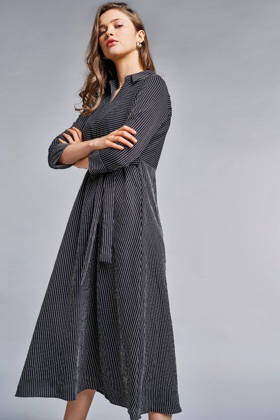 1 - Black Stripes Fit and Flare Midi Dress, image 1
