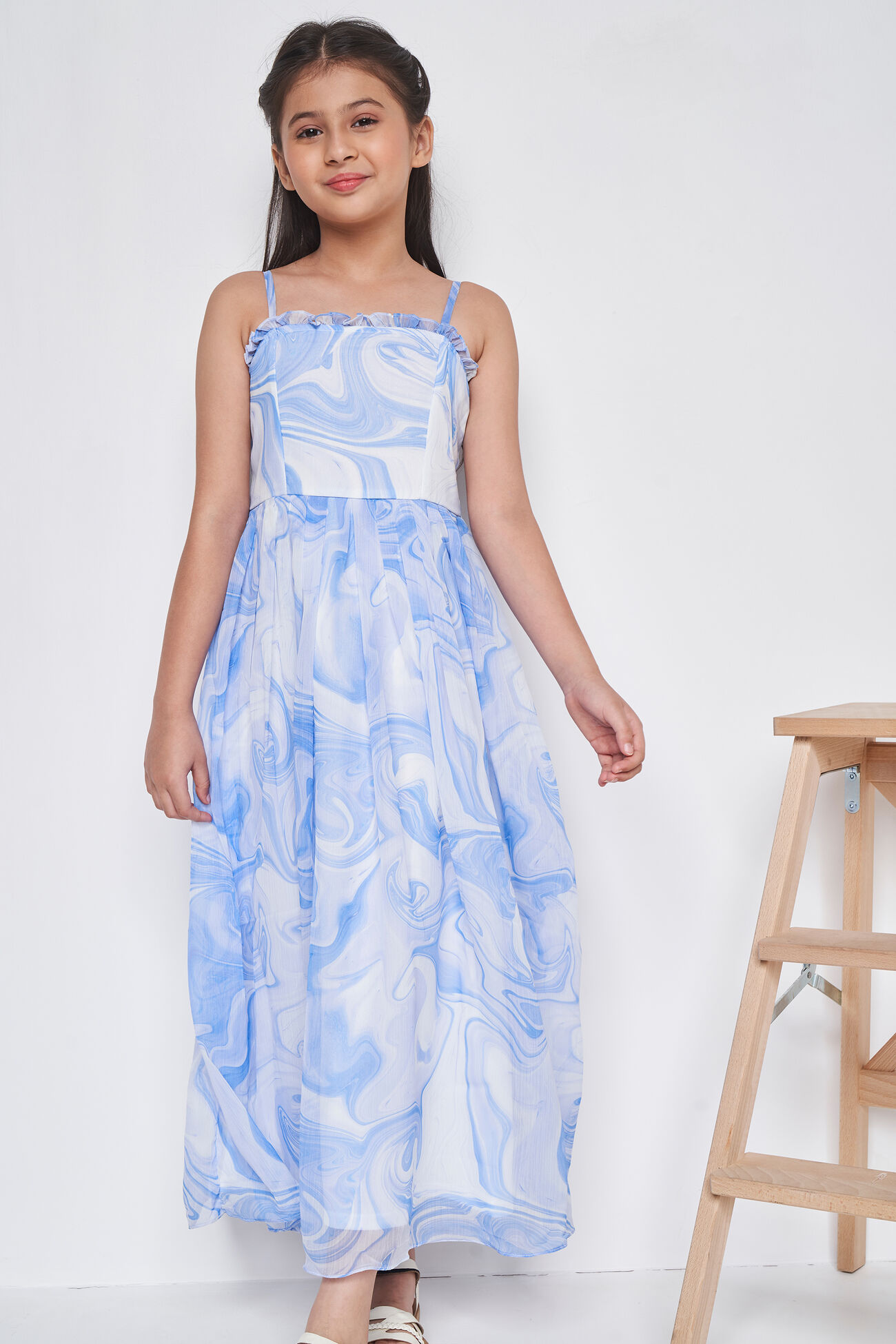 White and Blue Abstract Flared Gown, White, image 3