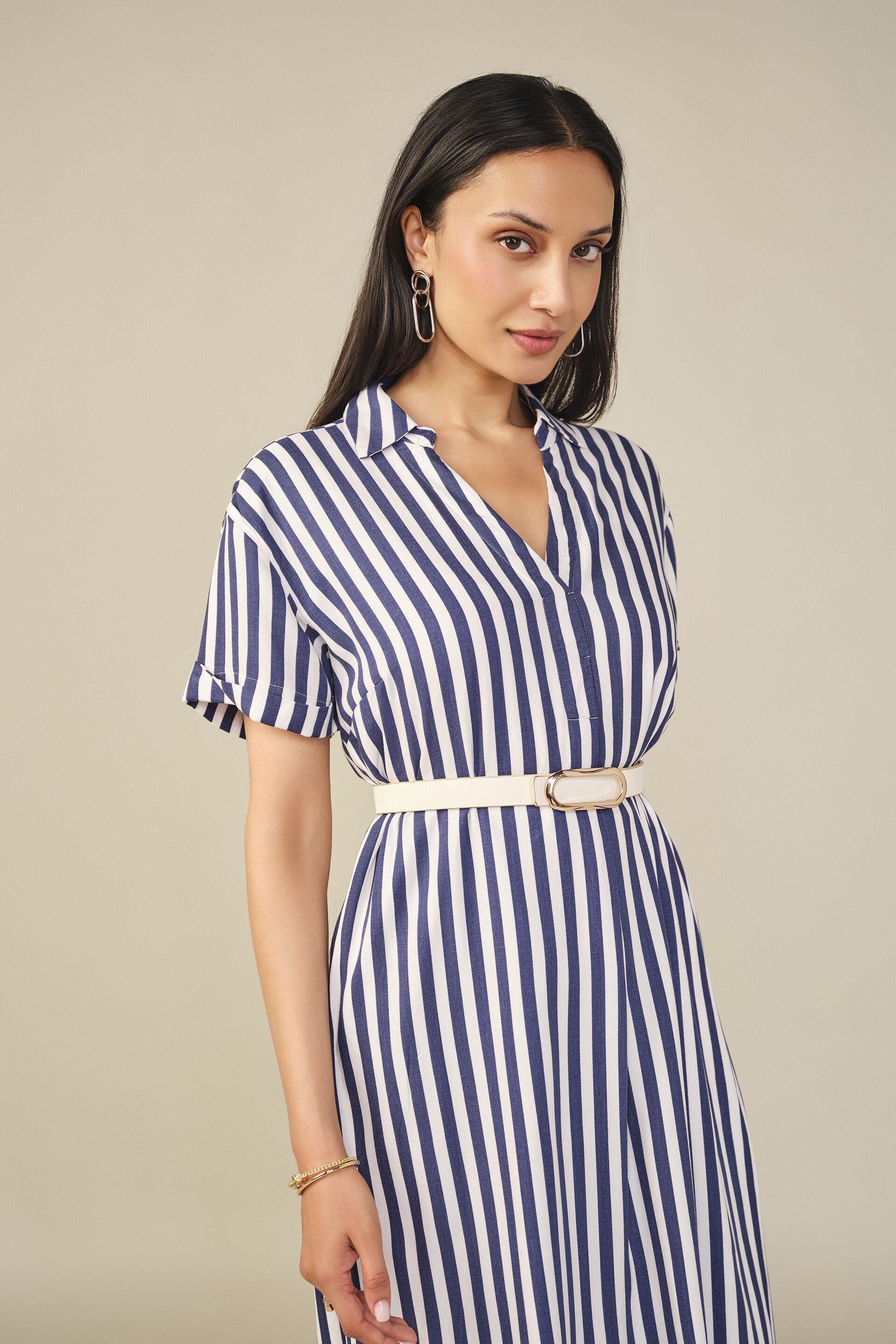 Striped Midi Dress in Navy, Navy, image 4