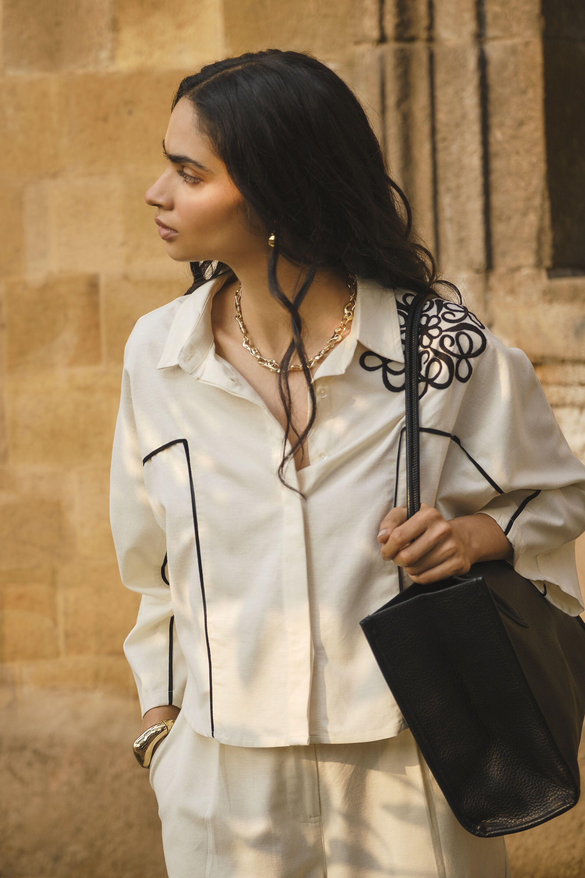 Mariette Embroidered White Shirt, Beige, image 3