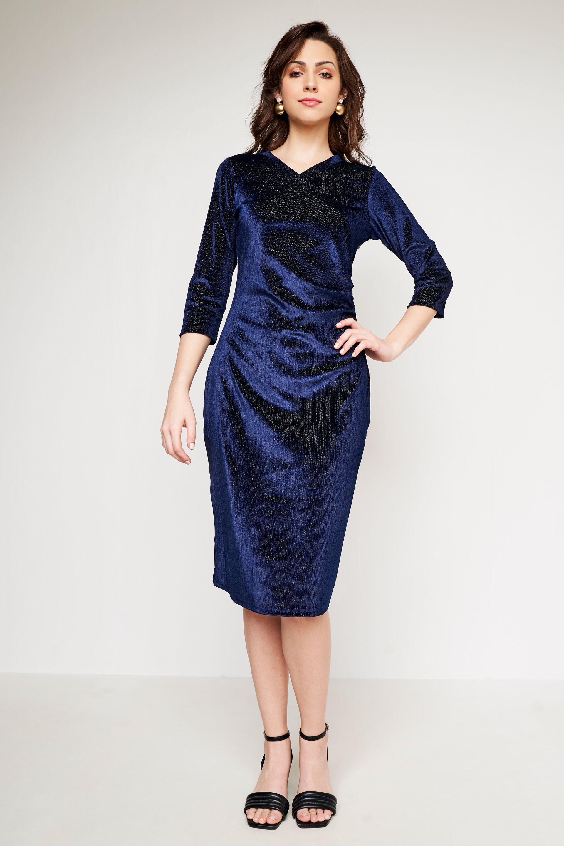 Navy Blue Solid Flared Dress, Navy Blue, image 3