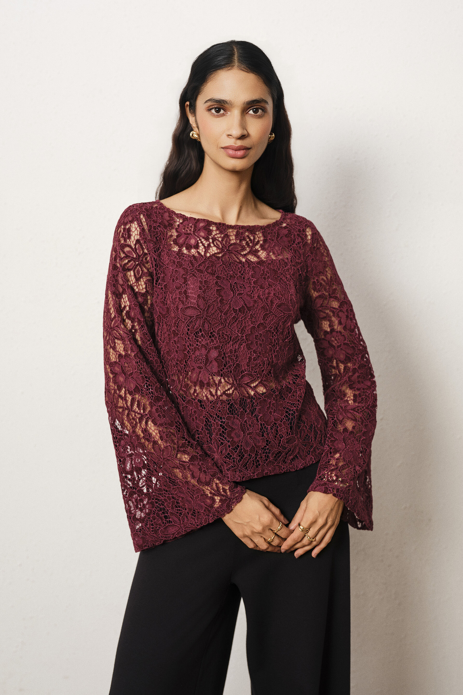 Lace Full Sleeves Top in Wine