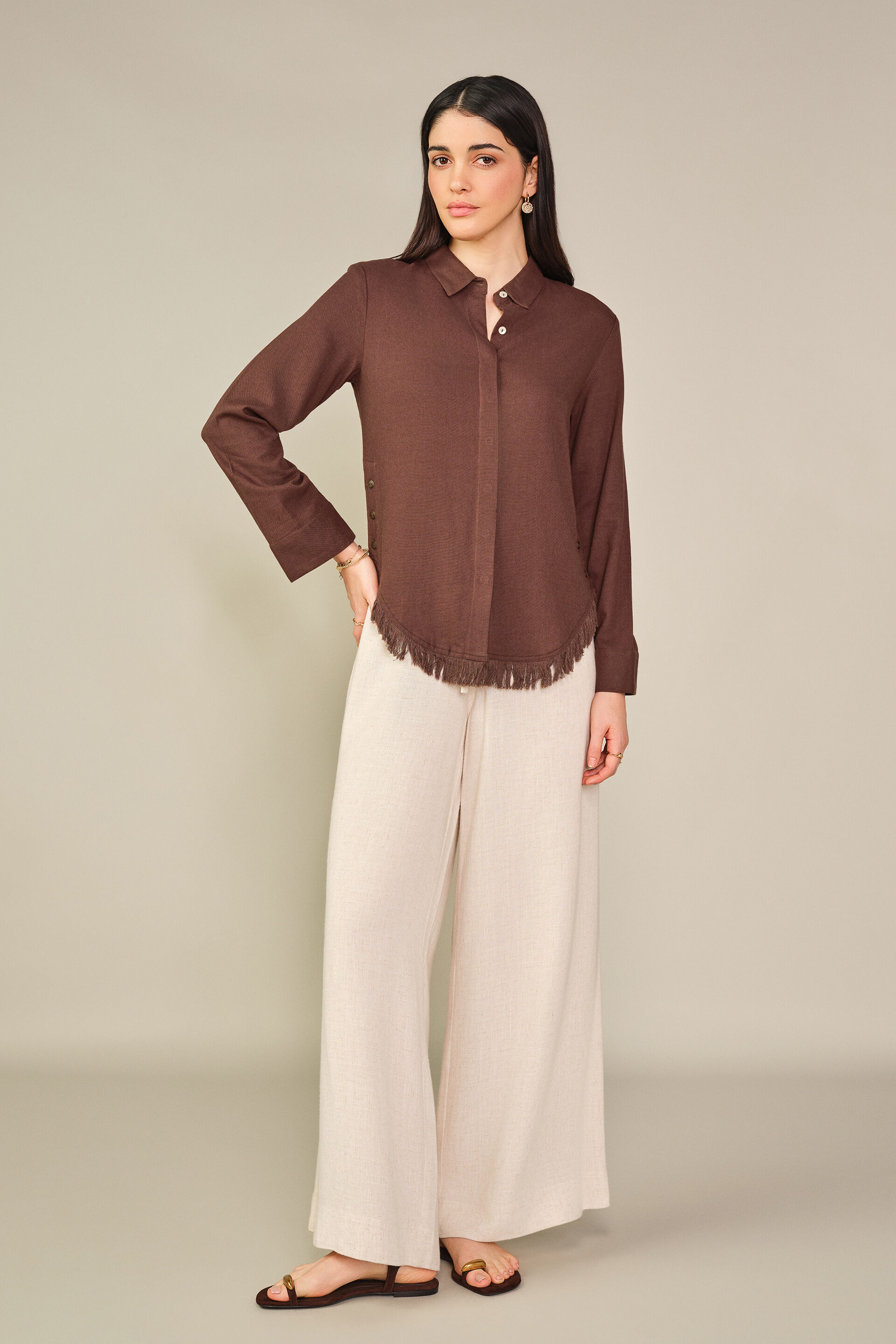 Solid Ruffle Detail Shirt in Brown, Brown, image 5