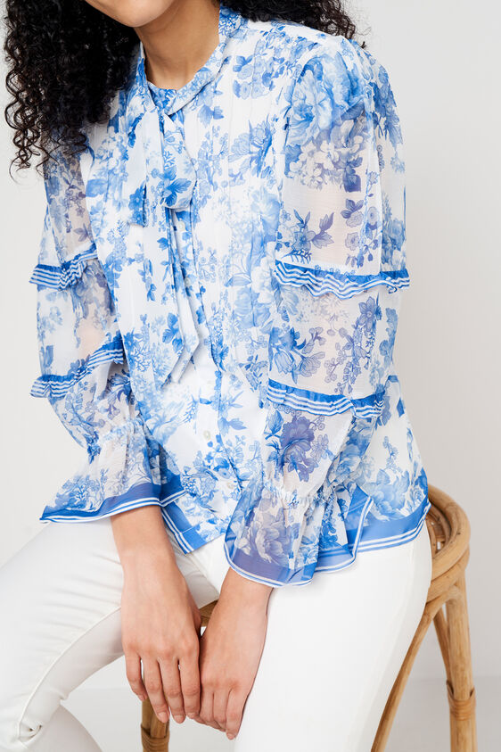 Blue and White Floral Casual Top, Blue, image 6
