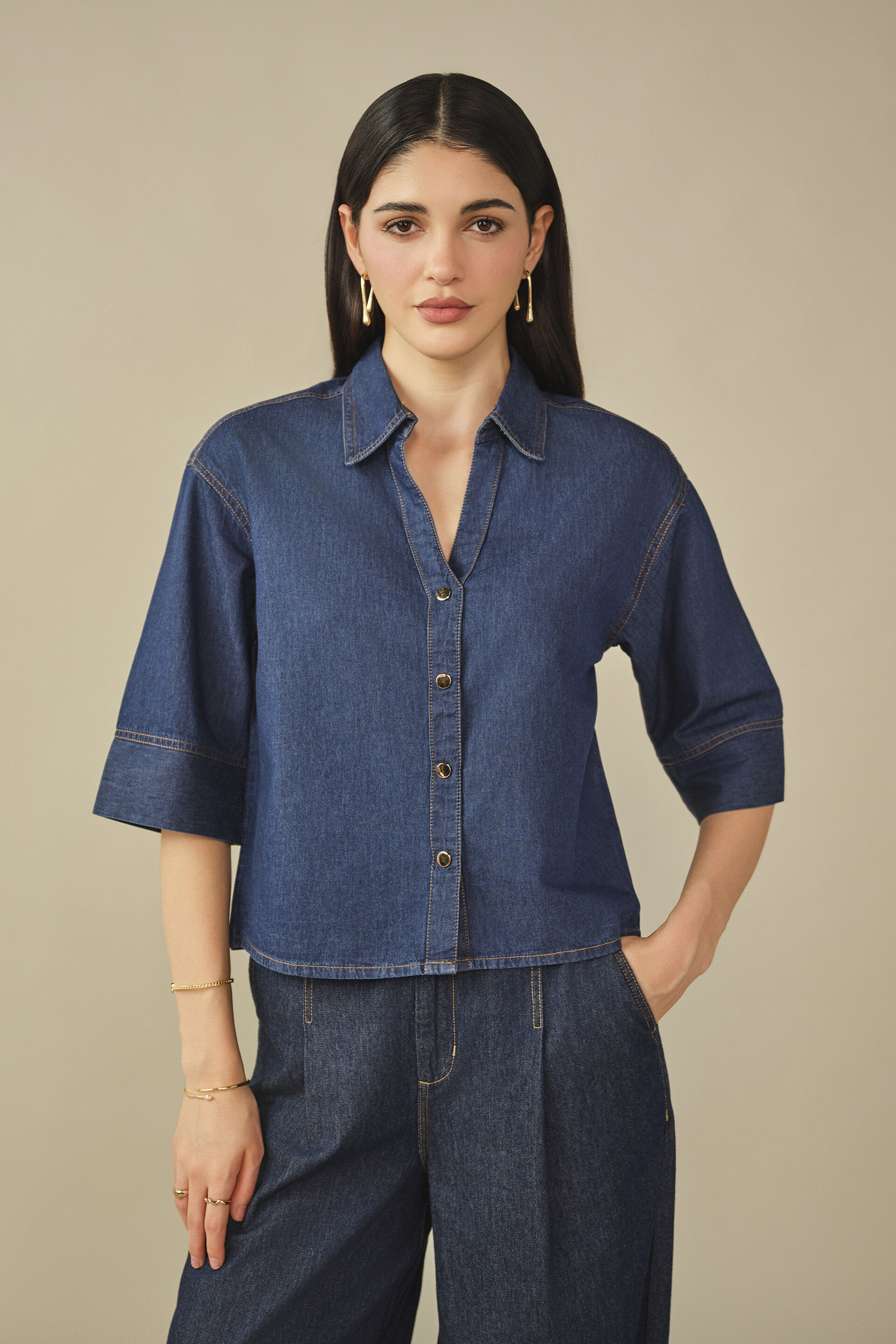 Solid Denim Shirt in Navy Blue