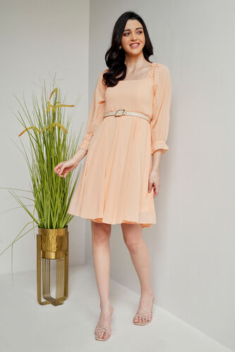 Peach Solid Flared Dress, Peach, image 4