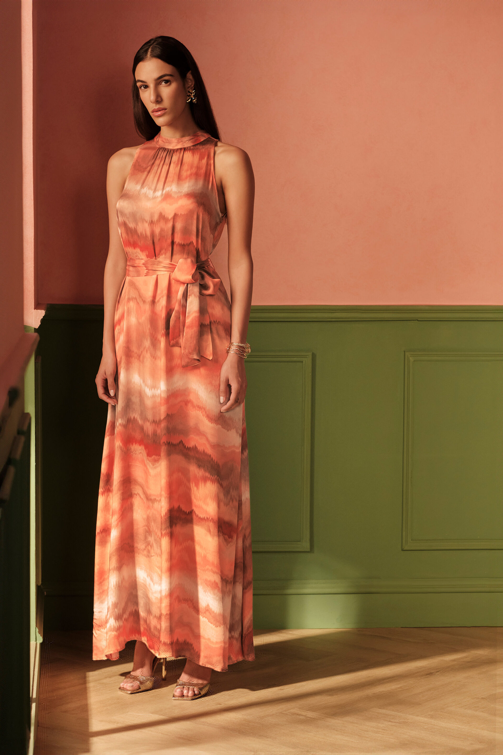 Sunset Serenade Viscose Maxi Dress, Orange, image 1