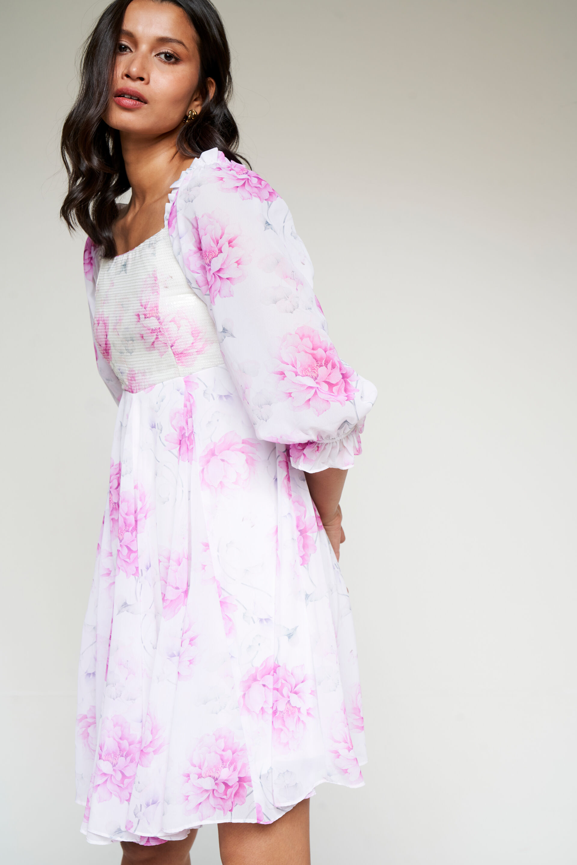 Floral Sequinned Dress, White, image 2