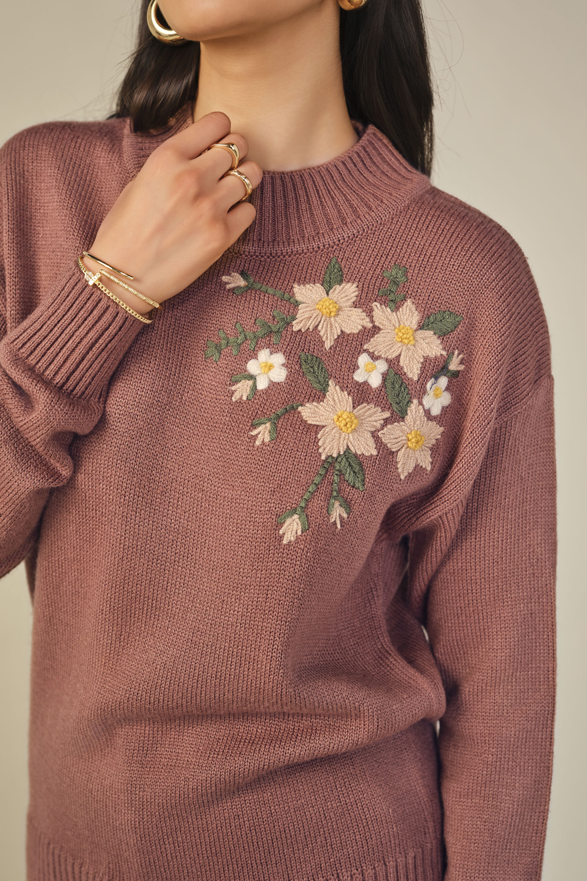 Embroidered Cotton Sweater in Brown, Brown, image 2