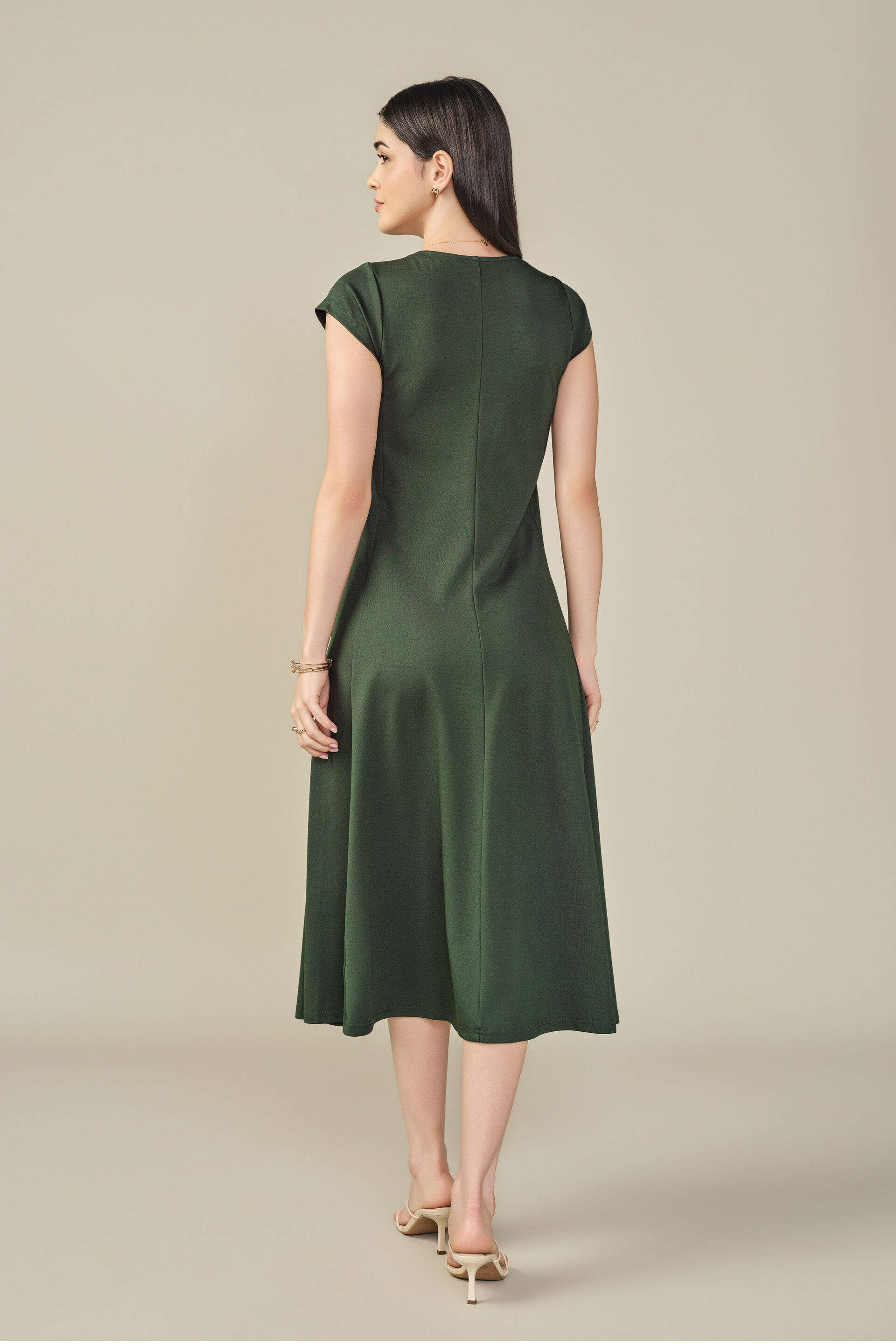 Solid Fit & Flare Midi Dress in Green, Green, image 4