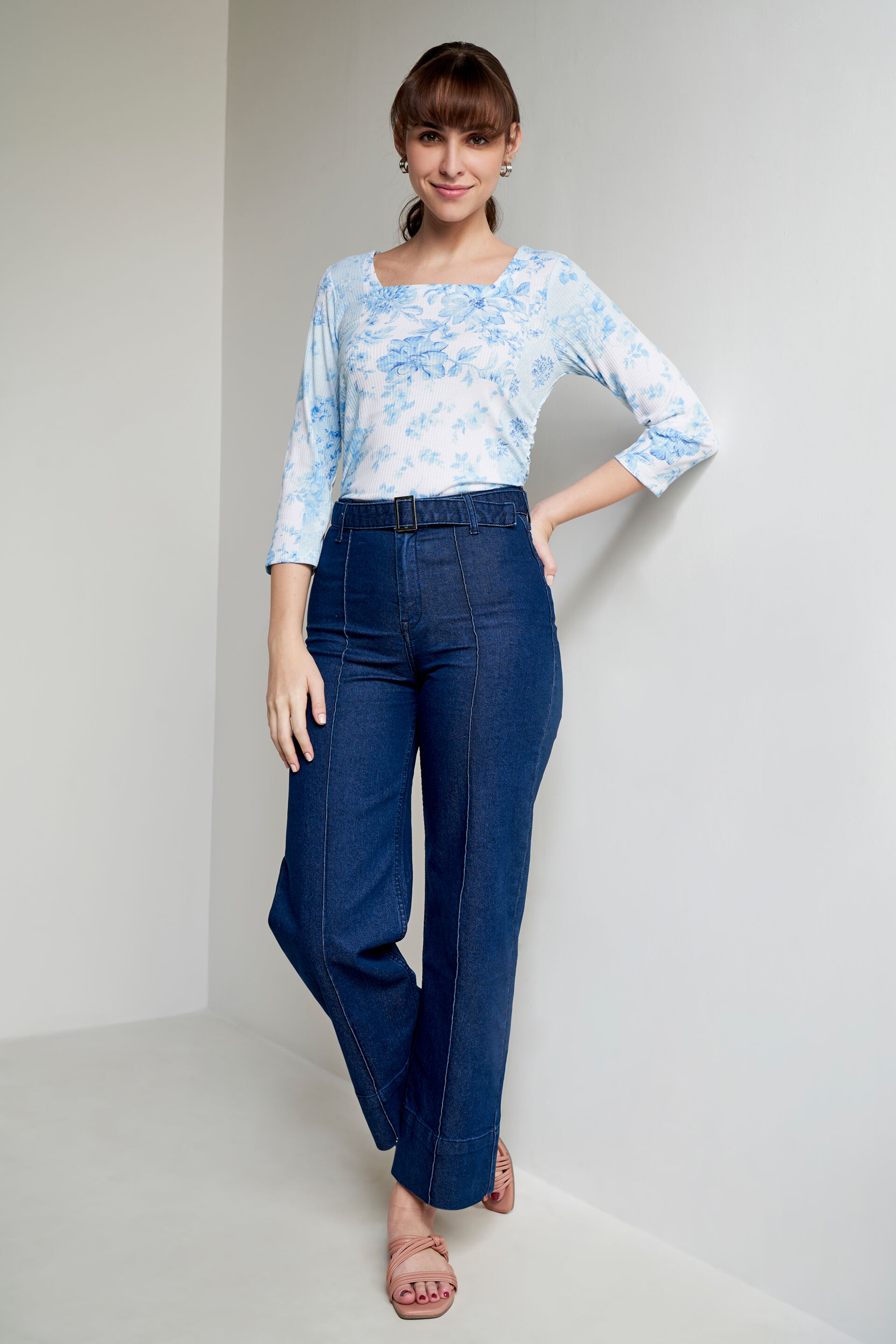 Cream And Blue Floral Curved Top, Cream, image 3