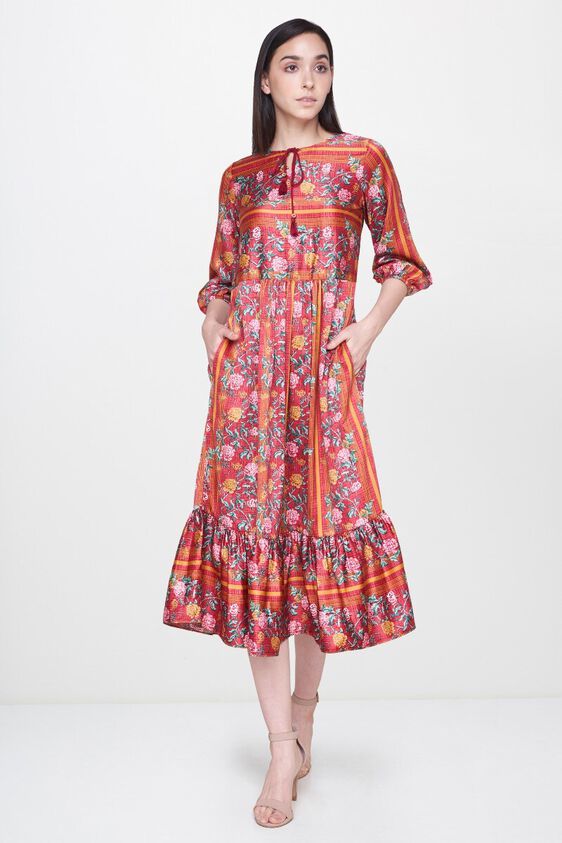 5 - Red Floral Round Neck Fit and Flare Midi Gown, image 5