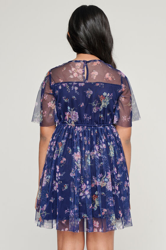 Navy Floral Flared Dress, Navy Blue, image 3