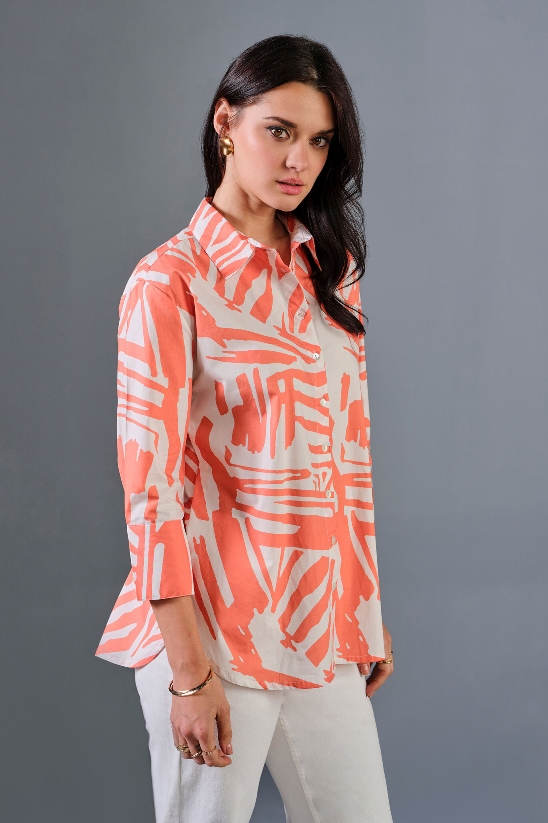 Clementine Strokes Cotton Shirt, Orange, image 6