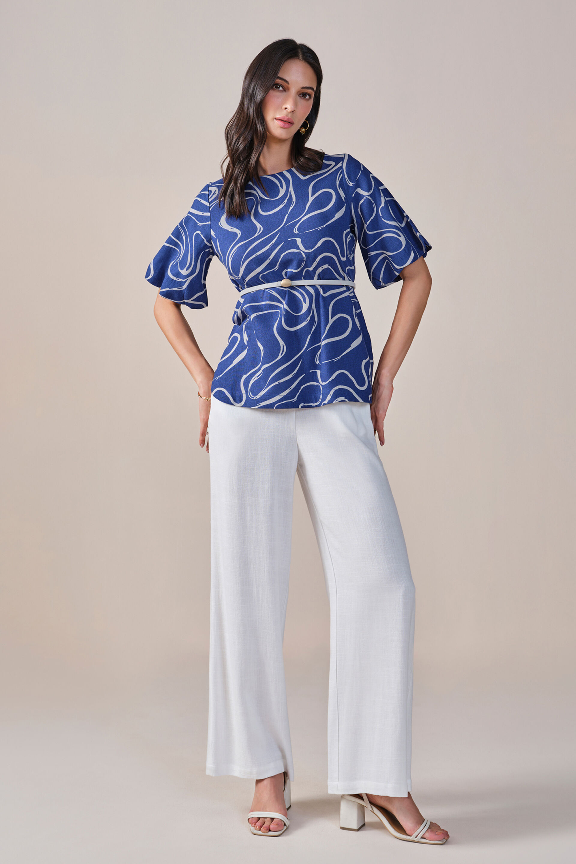 Cobalt Swirl Viscose Linen Blend Top, Blue, image 2