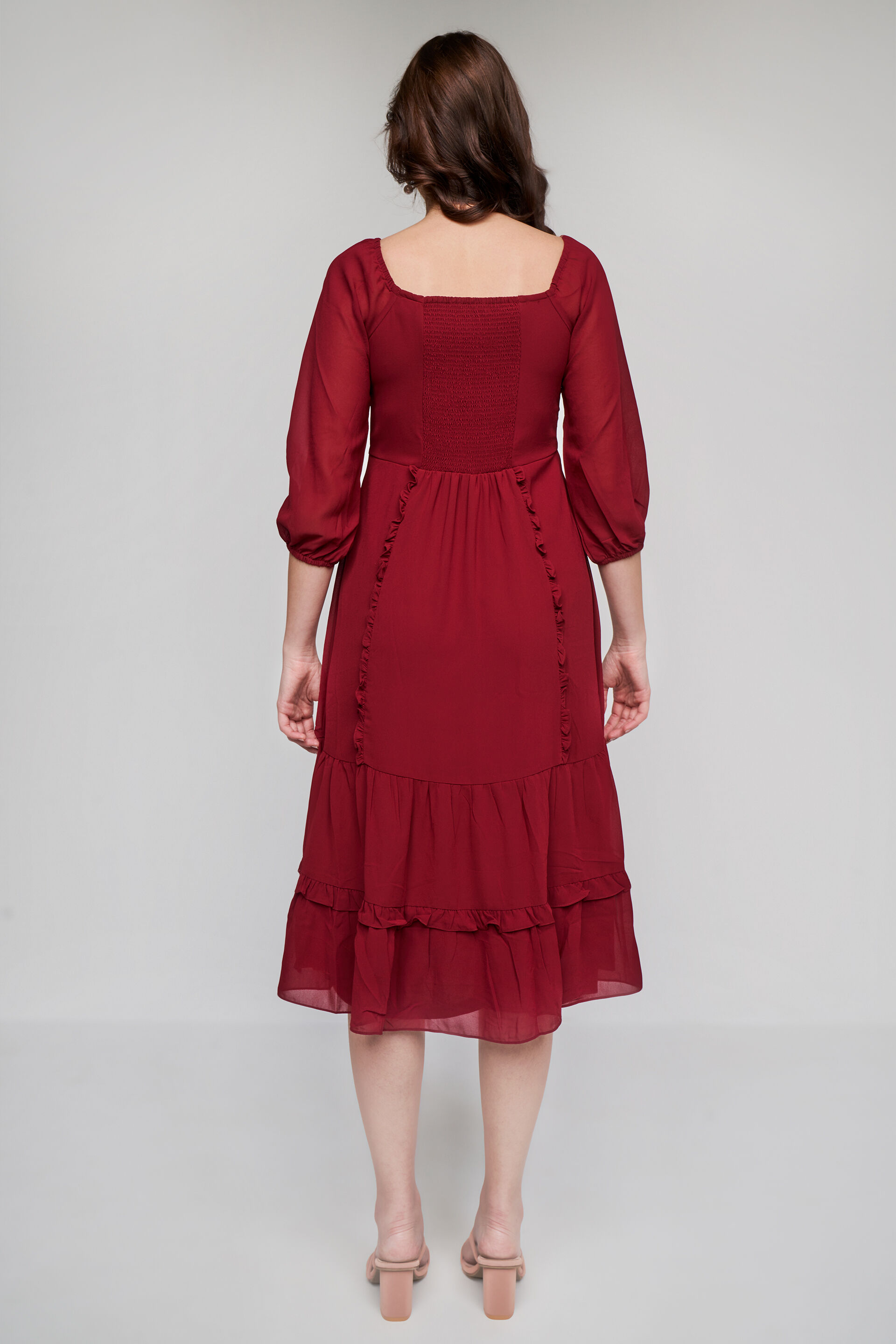 Maroon Solid Flared Dress, Maroon, image 6