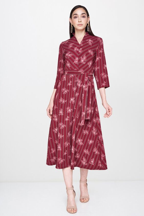 4 - Wine Floral Tie-Ups V-Neck Fit and Flare Midi Dress, image 4