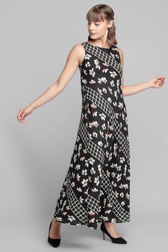 4 - Black Floral Round Neck Fit and Flare Sleeveless Gown, image 4