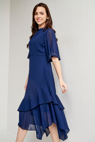 Blue Solid Fit and Flare Dress, Blue, image 2